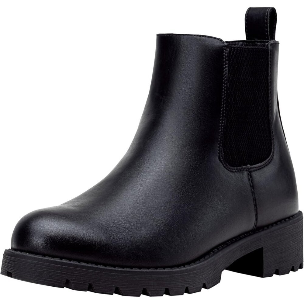 Vepose Women's Black Faux Leather Chunky Heel Chelsea Ankle Pull-On Booties